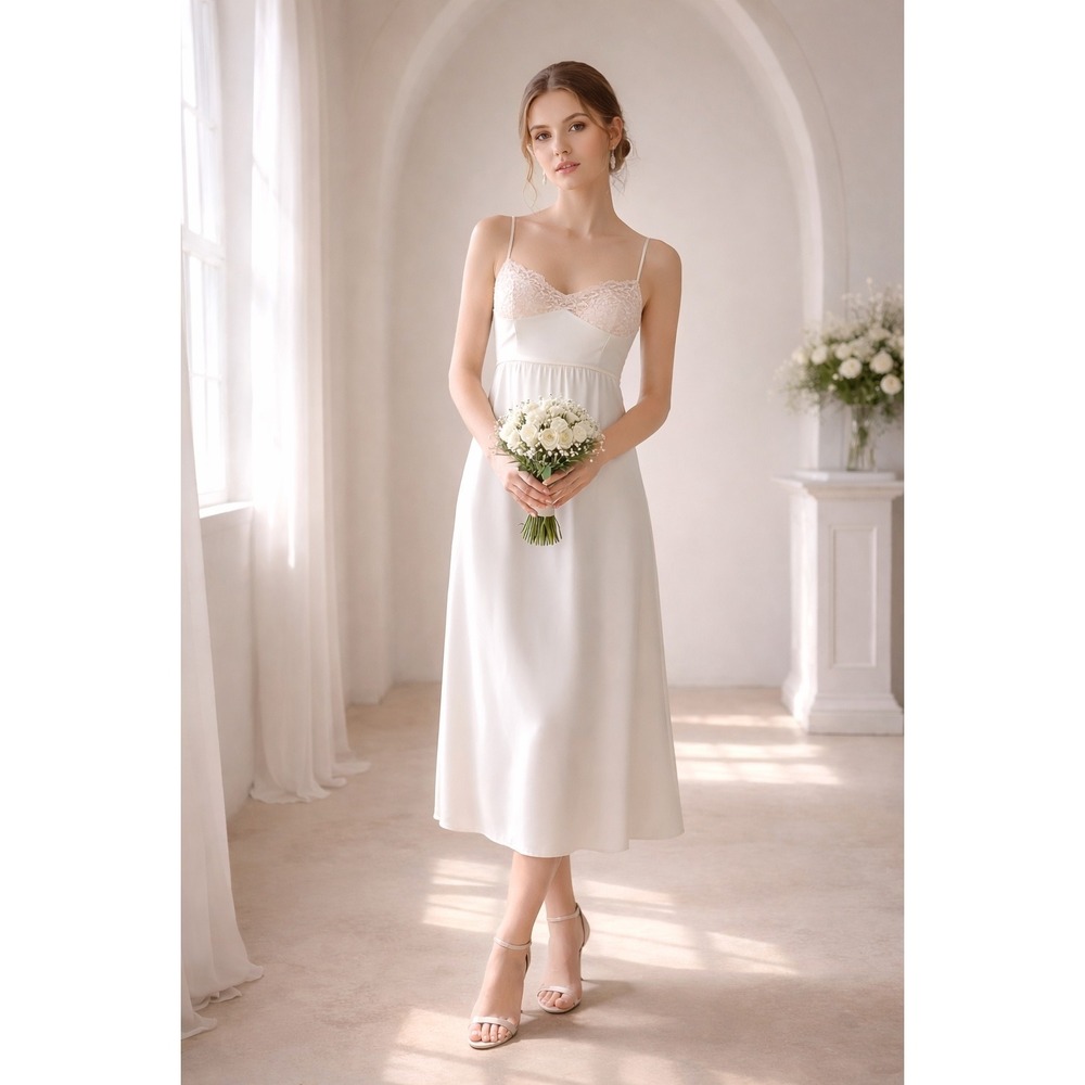 White Satin Lace Midi Slip Dress Strapless  Croquette Event Cocktail‎ minimalist